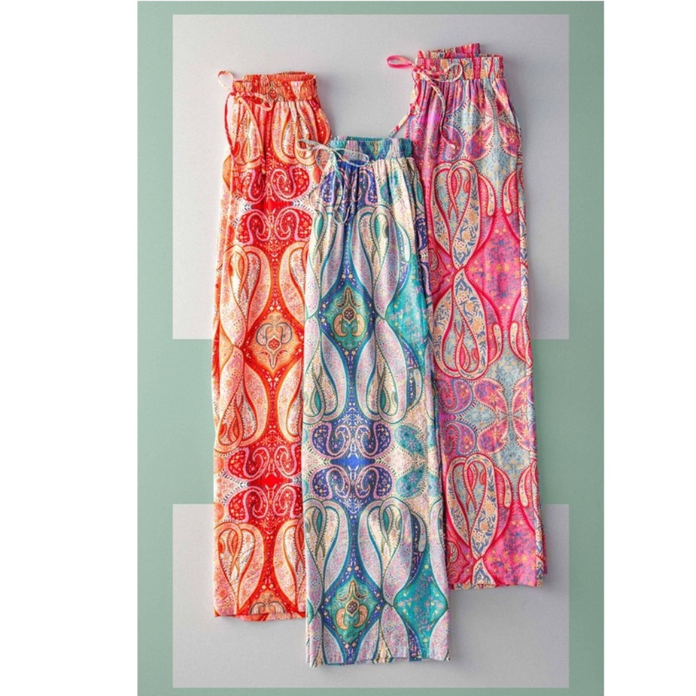 Womens Size Large Wide-Leg Paisley Print Pull-On Pants - Orange - Picture 4 of 5